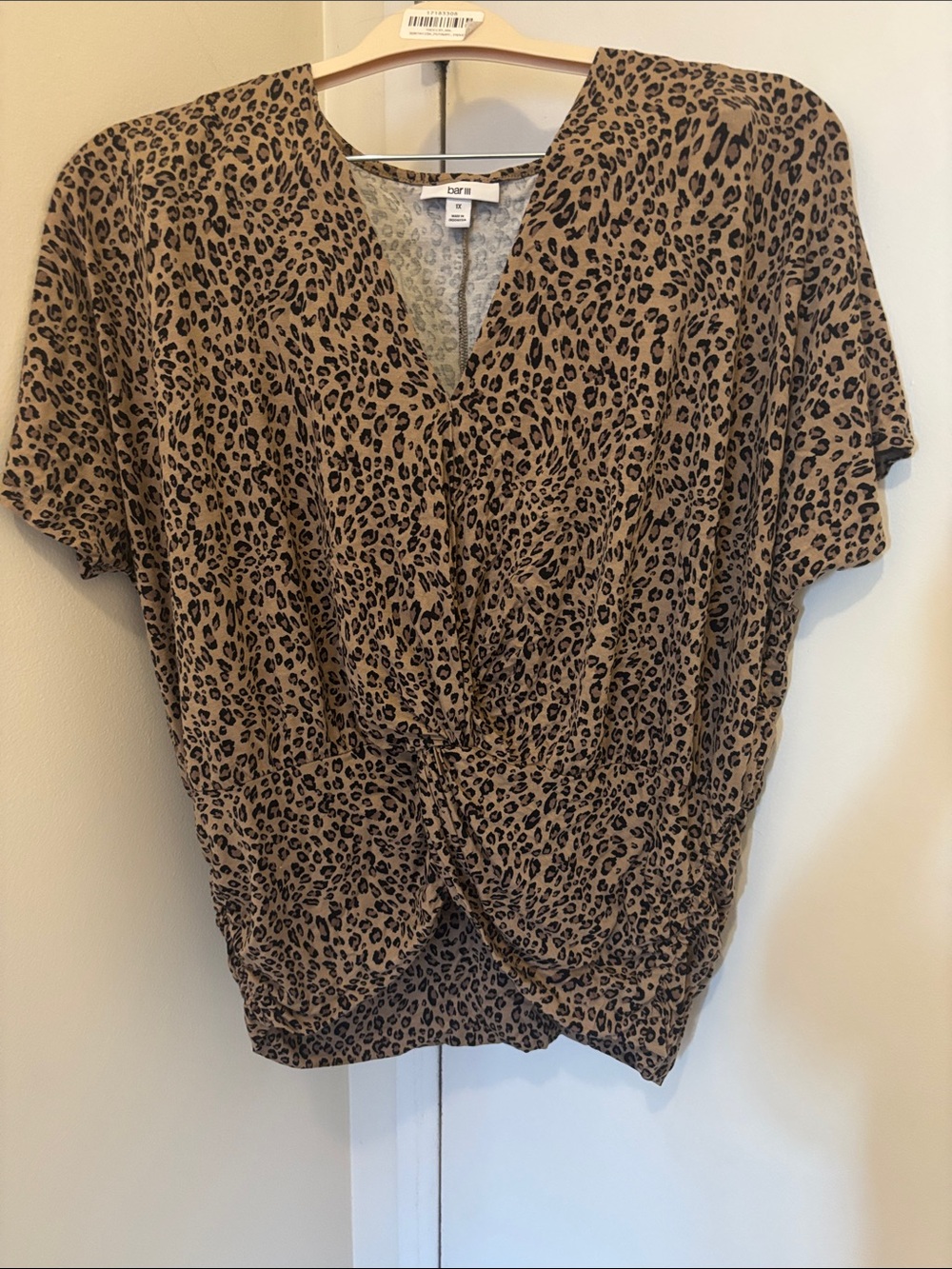 Bar III Tan and Black Leopard-Print Twist Front Short Sleeve Blouse